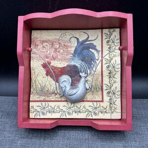 Vintage Wooden Red Napkin Holder w/ Metal Rooster Chicken Country Kitchen Rustic